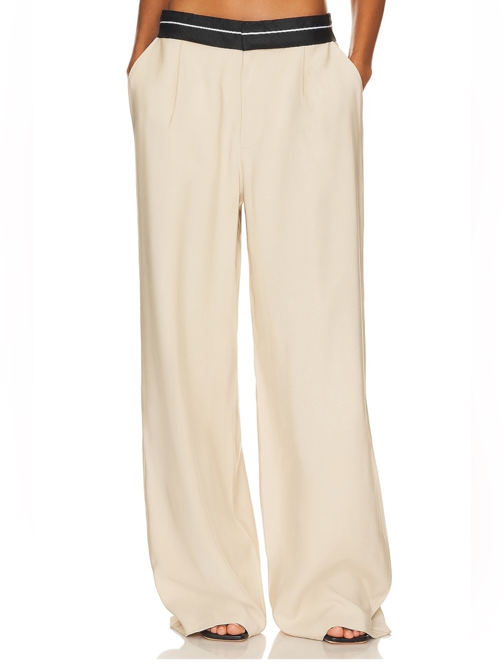 NONchalant Rebecca Cream Trousers with Black Contrast Waistband